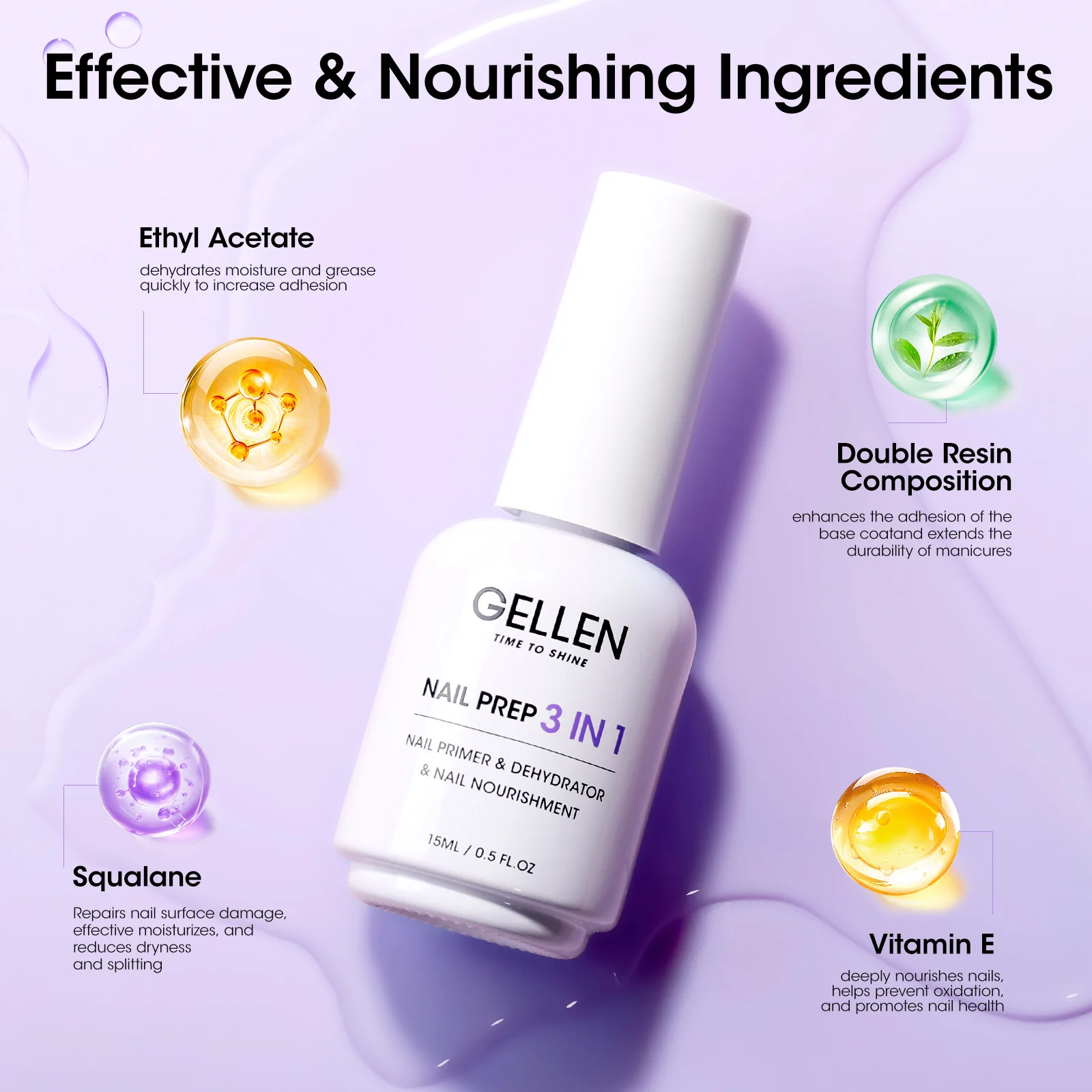 GELLEN Kit 3 in 1 Primer e Disidratante per Unghie 15ml Gel Preparatorio per Unghie Acriliche Squalane VE Favorisce la Salute Asciugatura all'Aria Lunga Durata - immagine 3