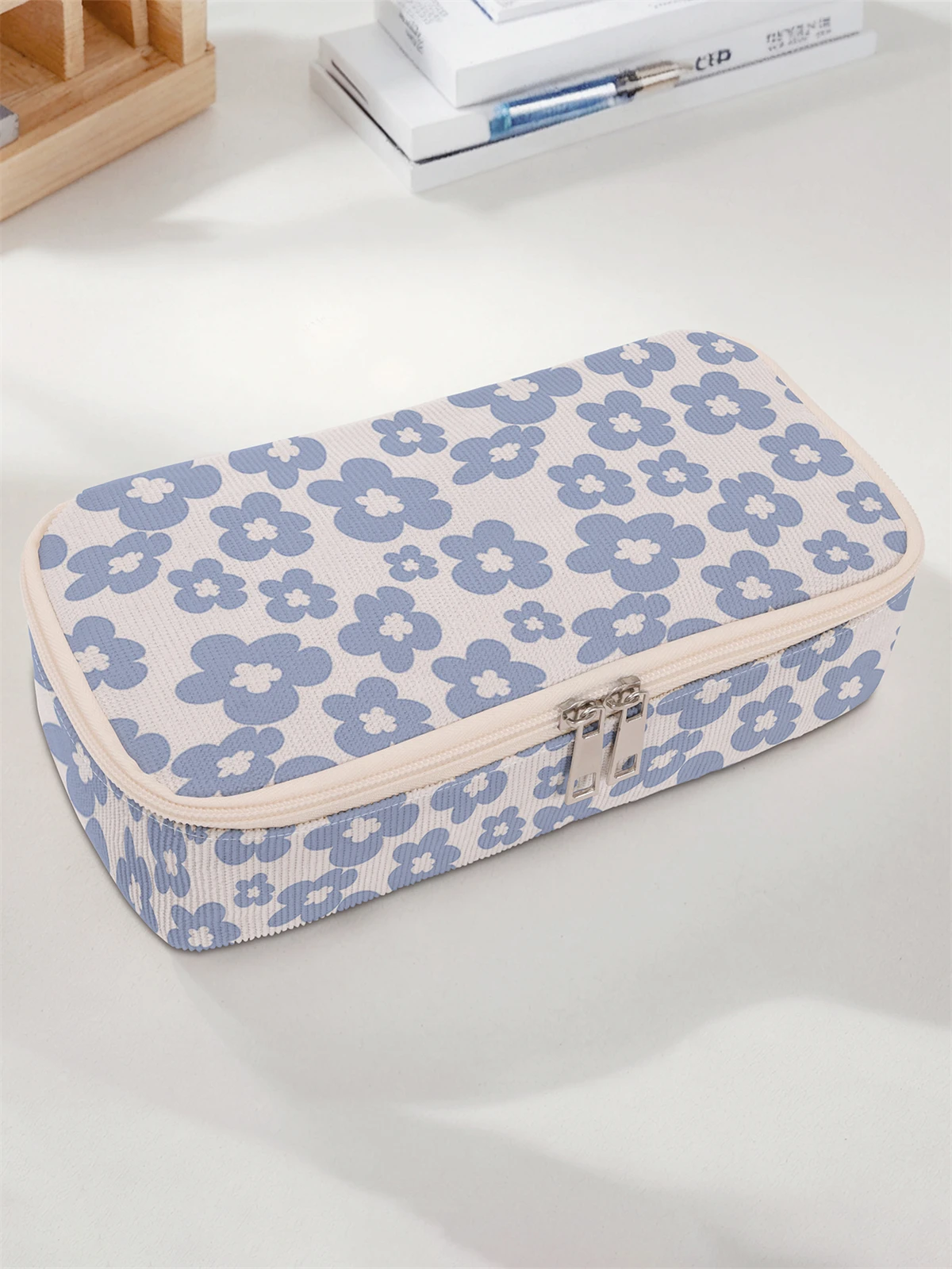 Flower pattern printed large capacity pencil case, durable multifunctional storage bag, portable zipper storage box