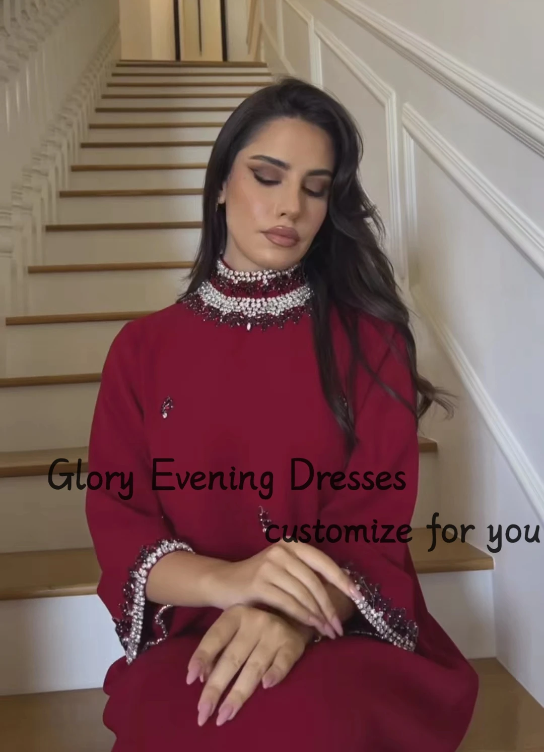 Wine Red Crystal Prom Dresses Loose Long Sleeves Beads Elegant Customizable Evening Dress Formal Occasion Party Gown Robes De