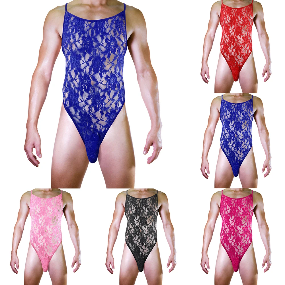 

Men's Leotard Bodysuit Sexy Sissy Transparent Breathable Lace Backless Bodysuit Convex Pouch Slim Underwear Lingeries Nightclub