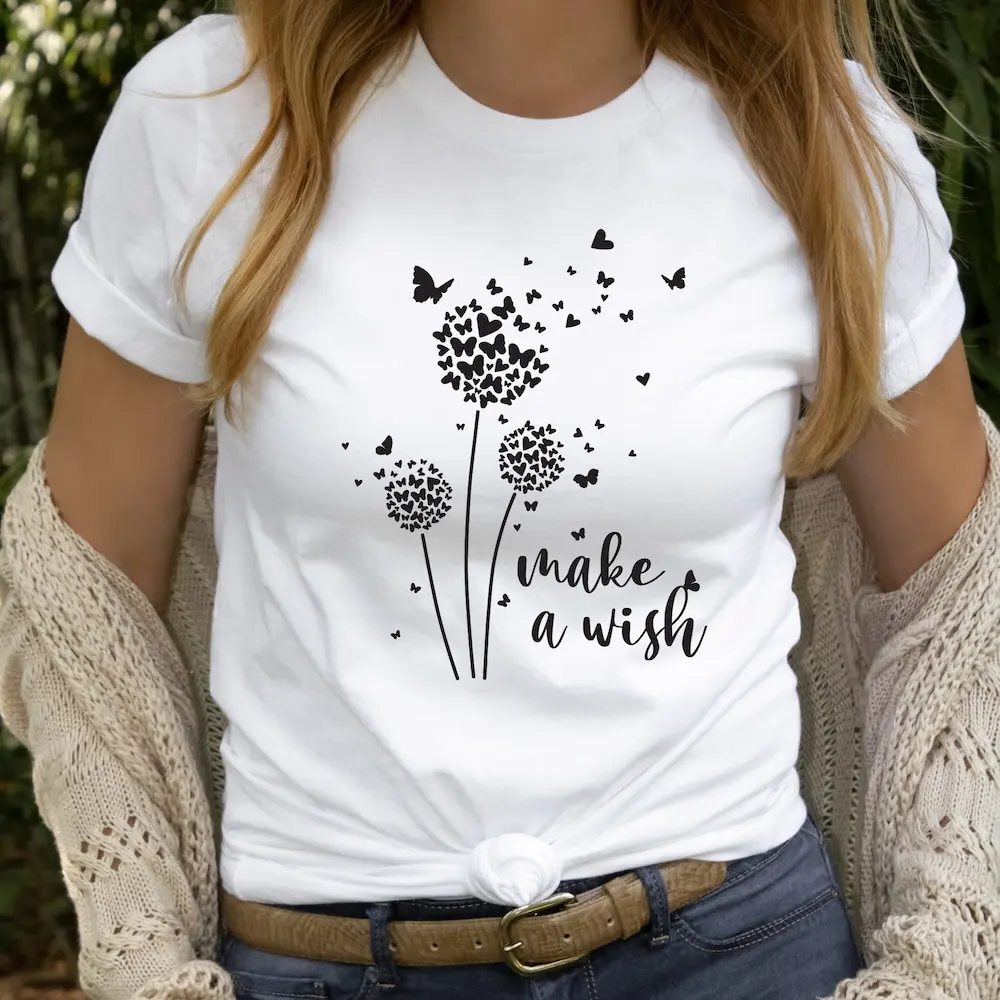 

Футболка с надписью Make A Wish Одуванчик вдохновляющая Повседневная модная летняя одежда милый любовь винтажный день рождения