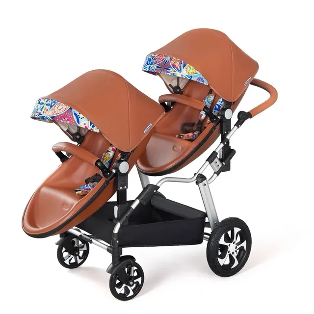 NOUVEAUX Jumeaux bébé poussette 2 en 1 pliable deux enfants PU cuir poussette étanche Double landau double poussettes jumeaux pour 2 1