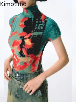 Kimotimo Harajuku Folds Goldfish Print T-shirt Women Summer Y2k Aesthetic Turtleneck Slim Crop Top Short Sleeve Ropa De Mujer 1