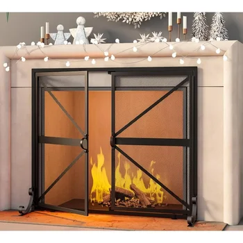 Fireplace Screen with Doors, 2-Pannel Handcrafted Solid Wrought Iron Decorative Mesh,Baby Safe Proof Firewood Burning 1