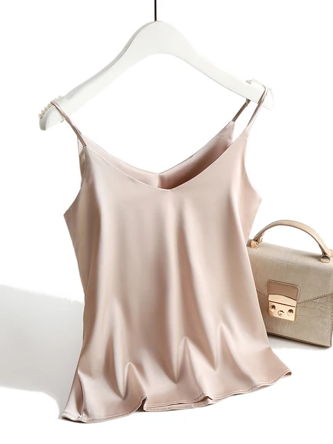 Spaghetti Strap Top Women Halter V Neck Basic White Cami Sleeveless Satin Silk Tank Tops Women'S Summer 2022 Camisole Khaki