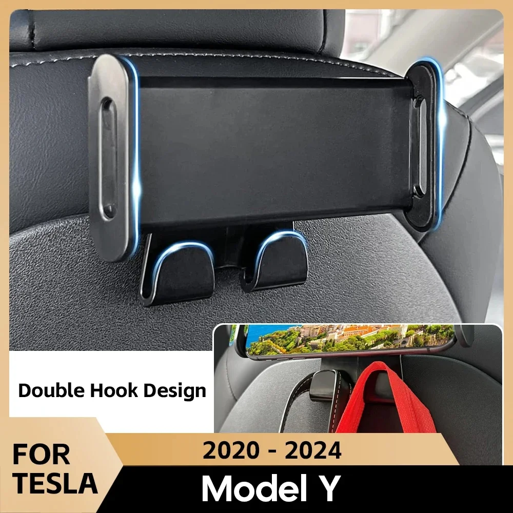 For Tesla Model 3/Y Back Seat Phone Holder with 2 hooks 360&deg; Rotate Stand Auto Headrest Bracket Support for Tablet PC iPad Mini