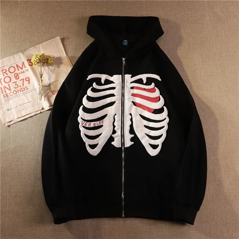 

Zip Up Jacket American Street Fashion Skull Loose Coat Clothes For Teens Men Women Autumn New Cardigan Sweater Couples Matching