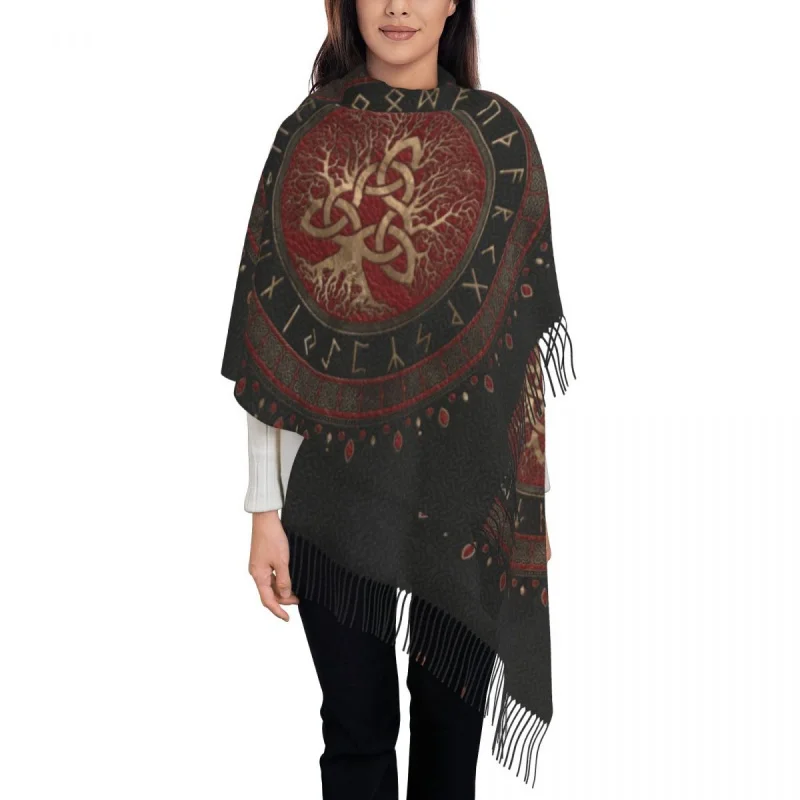 

Lady Large Tree Of Life With Triquetra Black Red Leather Scarves Winter Warm Tassel Shawl Wraps Viking Norse Yggdrasil Scarf