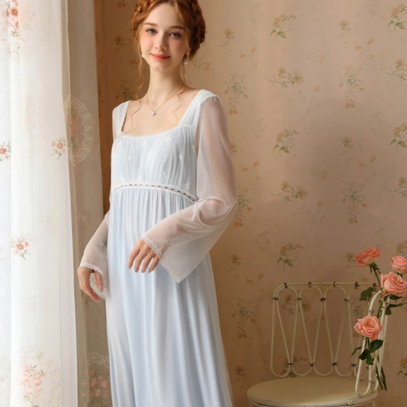 Sweet Nightdress Women Mesh Lace Modal Long Sleeve Night Dress Spring Nightwear Fairy Nightgown Womens Nighty Princess Sleepwear