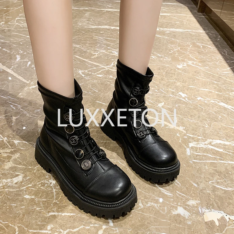 2024 New Round Headed Thick Sole Back Zipper Elastic Short Boots with Inner Height Increase Women's Medal Button Slim Leg Boots