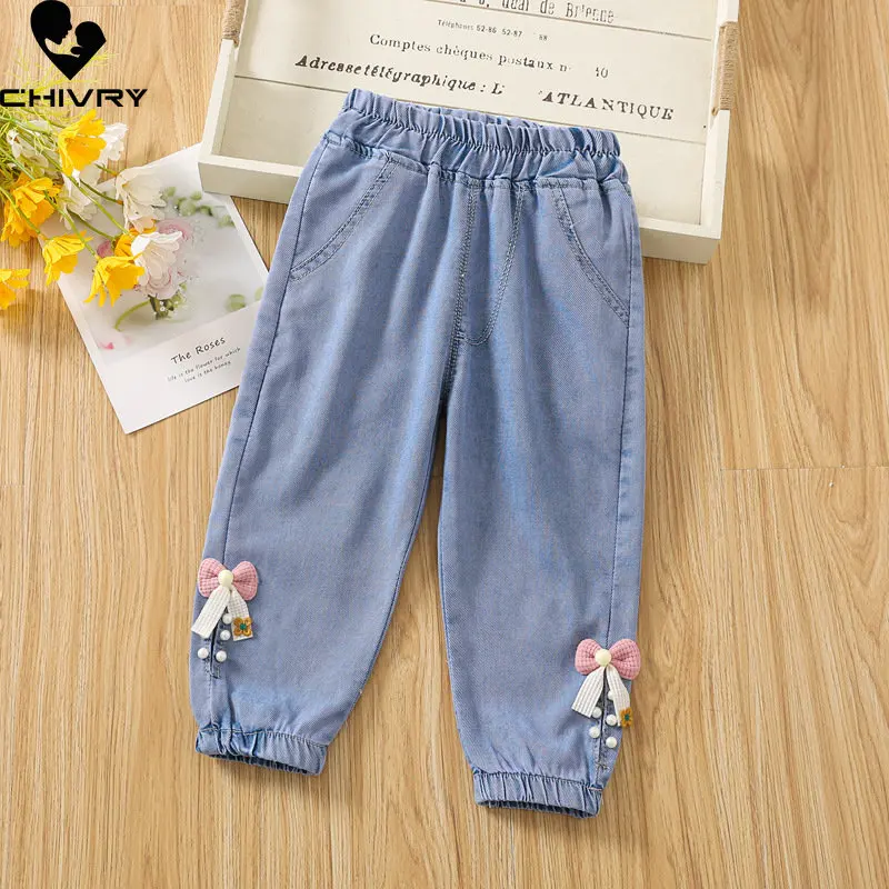 

Summer Girls Jeans New 2023 Baby Girl Fashion Thin Anti Mosquito Bowknot Denim Pants Kids Casual Solid Breathable Trousers