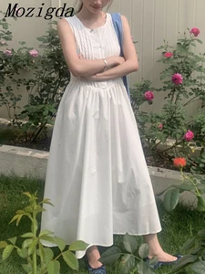 Summer Sleeveless Vests Dress Women Sweet Ruffle Fashion Korean Style Loose Pleated Ladies Dresses A-Line Woman Long Dress