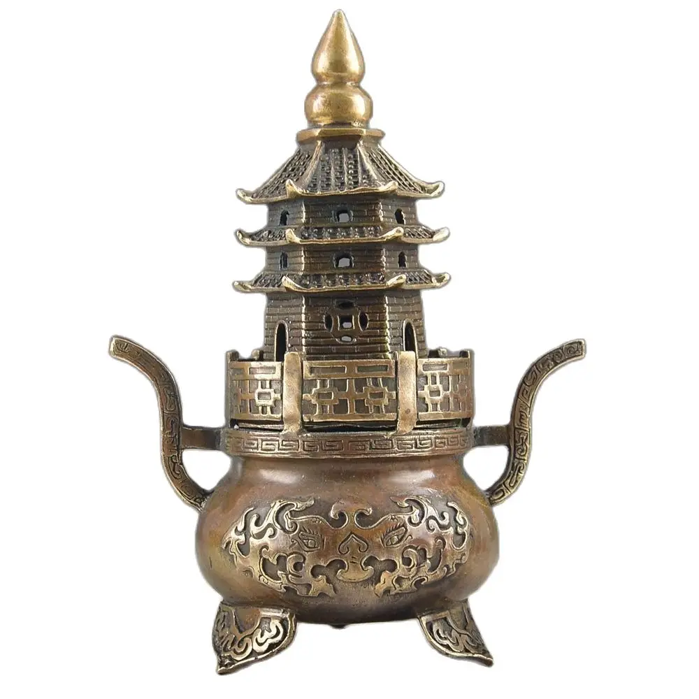 

14 CM Chinese Brass Buddha Exorcism Handwork Old Hammered Pagoda Totem Incense Burner