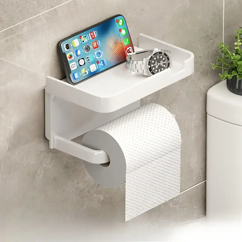 Wall Mounted Toilet Paper Holder Durable ABS Plastic No Drill Adhesive Tissue Rack Space Saving Storage Shelf Waterproof Materia