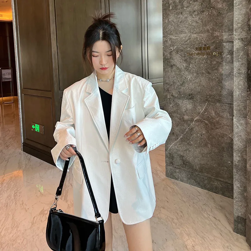 Vintage White Crocodile Faux Leather Jacket Spring Autumn Single Button  Long Sleeve Notched Collar Long Sleeve Women Suit Jacket