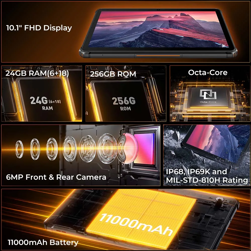 Oukitel RT9 10.1" HD Display Rugged Tablet 11000mAh Battery 24GB RAM 256GB ROM Rugged Table Android 14.0 Tablet PC 2