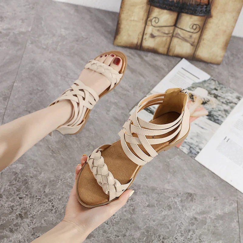 2023 Summer New National Style Woven Back Zipper Roman Women's Large Flat Sandals
