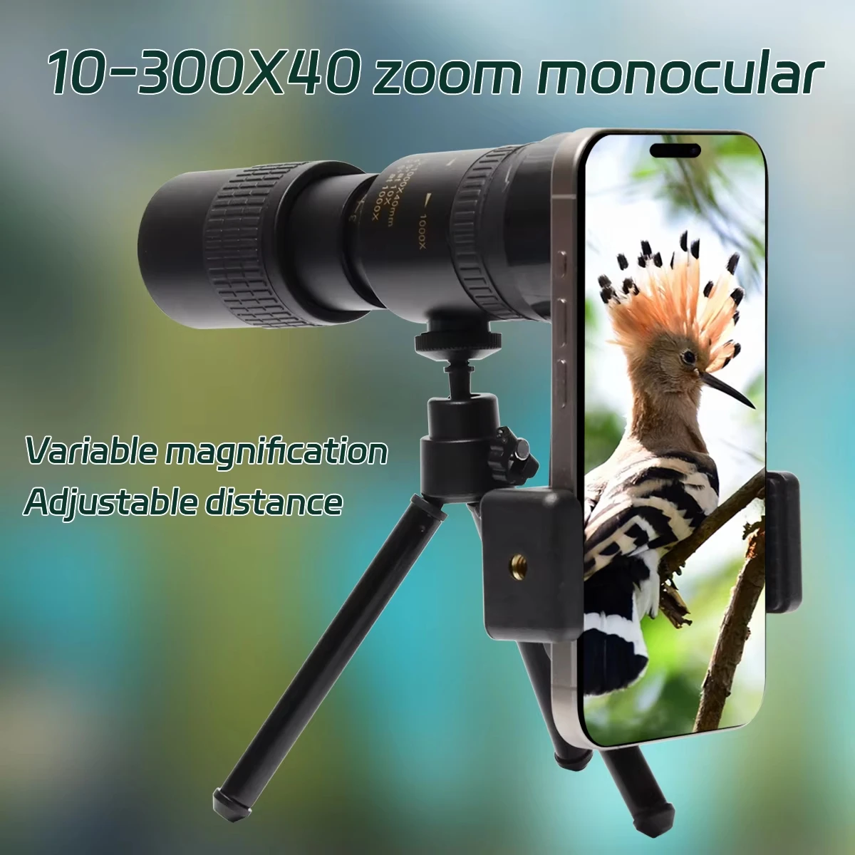 10-300x40 줌 전문 망원경 단안경 HD 휴대용 강력 장거리 단안경 사냥 하이킹 캠핑 여행 스포츠용