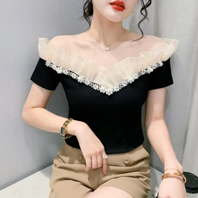 Fashion Slash Neck Spliced Gauze Ruffles Beading Blouses Women's Clothing 2024 Summer New Slim All-match Tops Office Lady Shirts