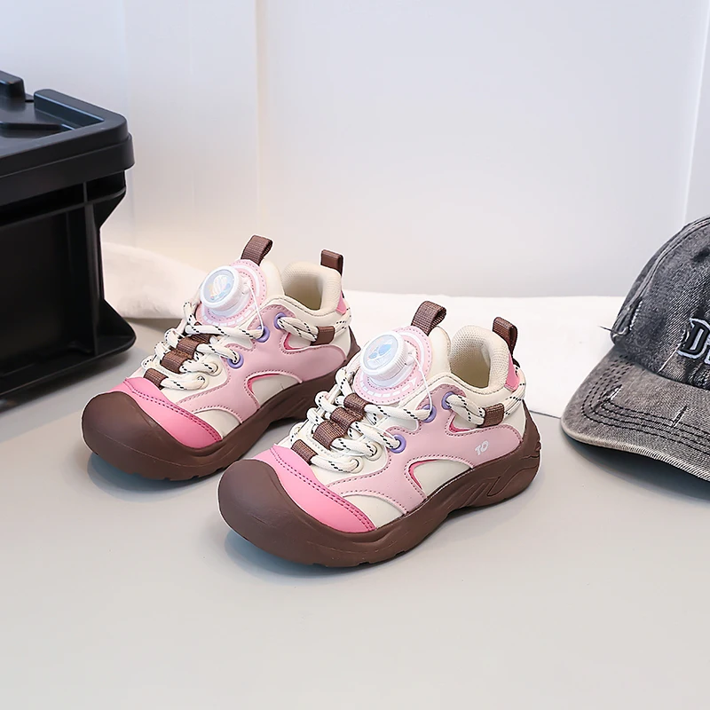 Kids Casual Shoes Toes Capped Rotating Button Boys Girls Tennis Shoes Soft Bottom 2025 Autumn New Children Sports Shoes Soft