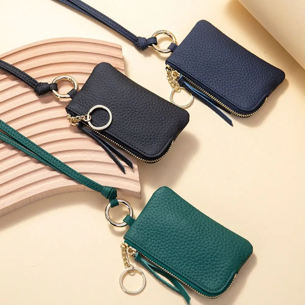 New Cowhide Short Wallet Solid Color Large Capacity Money Clip Lychee Pattern with Necklace Strap Coin Purse Women