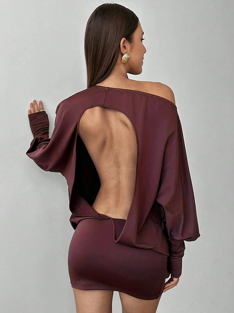 Nibber Backless Dress Women Slash Neck Full Sleeve Skinny Solid Simple Classic High Elasticity Fashion Party Street Mini Bodycon