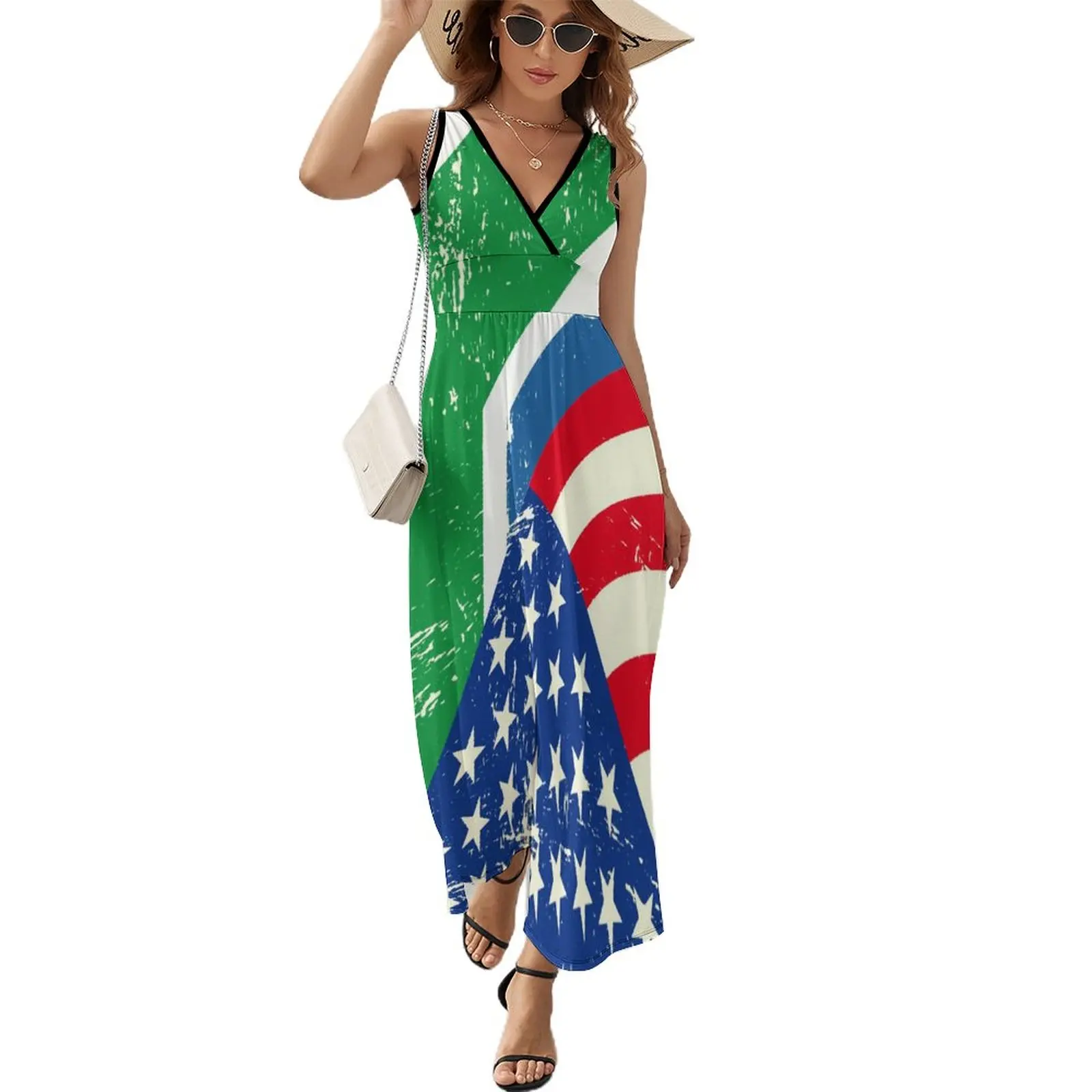 

American South Africa Flag Dress FemaleElegant Maxi Dress V Neck High Waist Korean Fashion Custom Bohemia Long Dresses