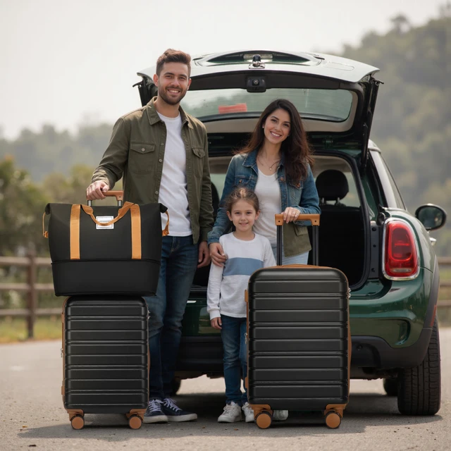 Ensemble de bagages 6 pièces avec sacs de voyage. Valises rigides extensibles avec roulettes pivotantes, noires. 1