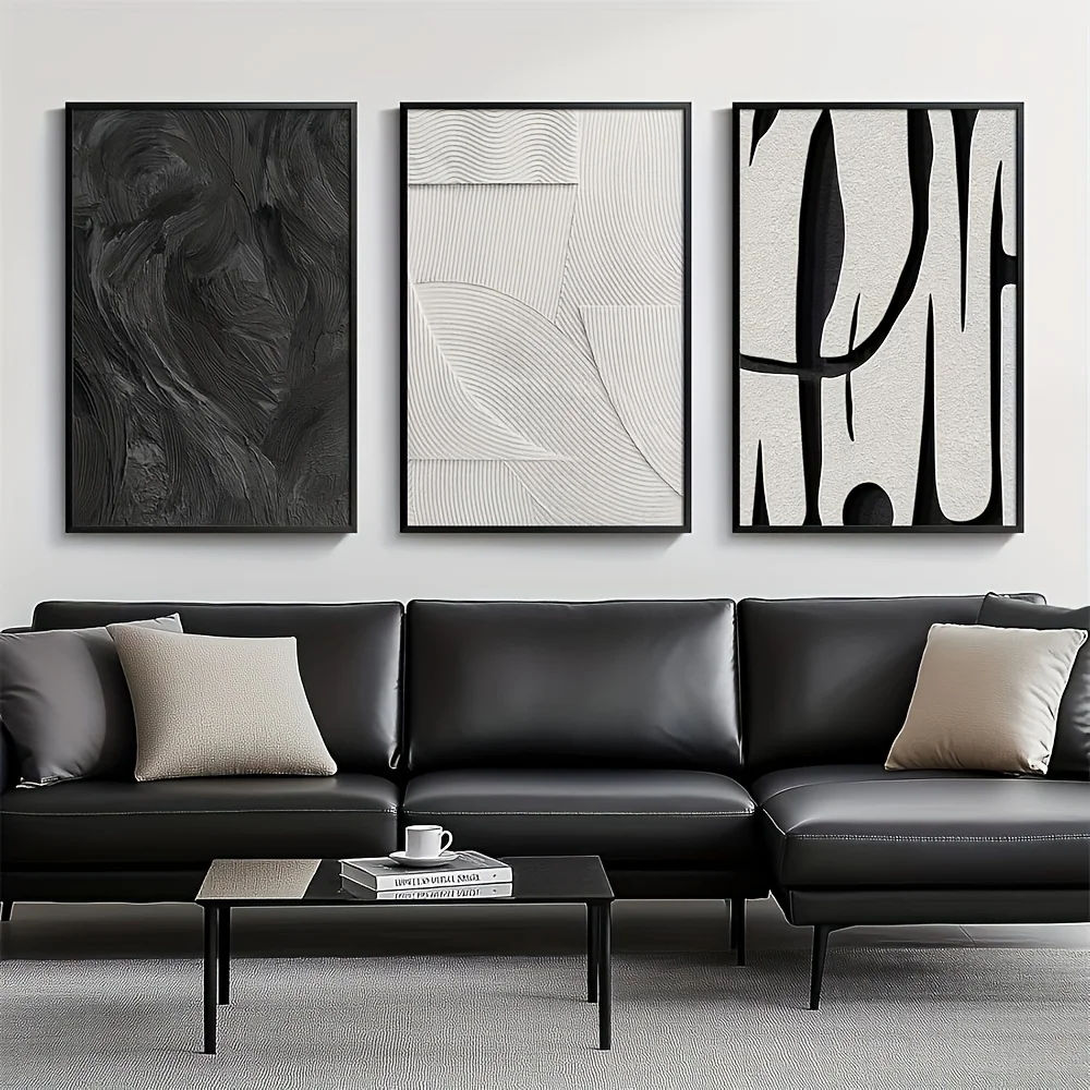 3-Piece Set, White Abstract Canvas Wall Art Set, Modern Minimalist Black - Frameless Texture Painting for Living Room, Bedroom, - 4