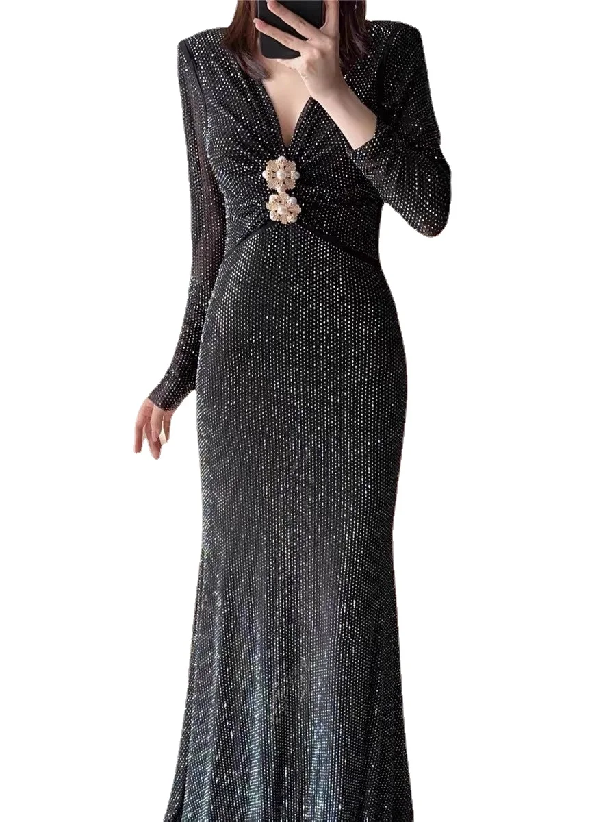 

Black Diamonds Women Dress Bodycon Long Sleeve V-neck Elegant Women's Clothing Runway Design Evening Party Dresses Maxi