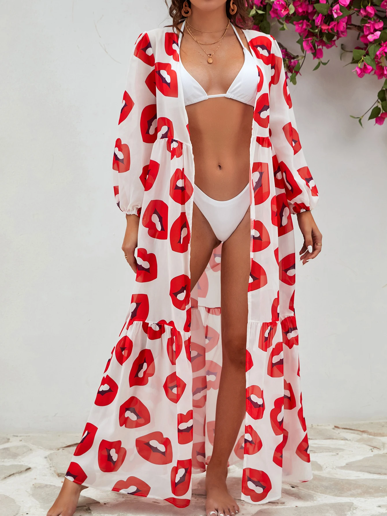 

New In Dress Sexy Ruffle Robe Swimwear Long Sleeves Beach Cover Ups For Women 2023 Pareo Long Dresses Beach Outfits Clothing