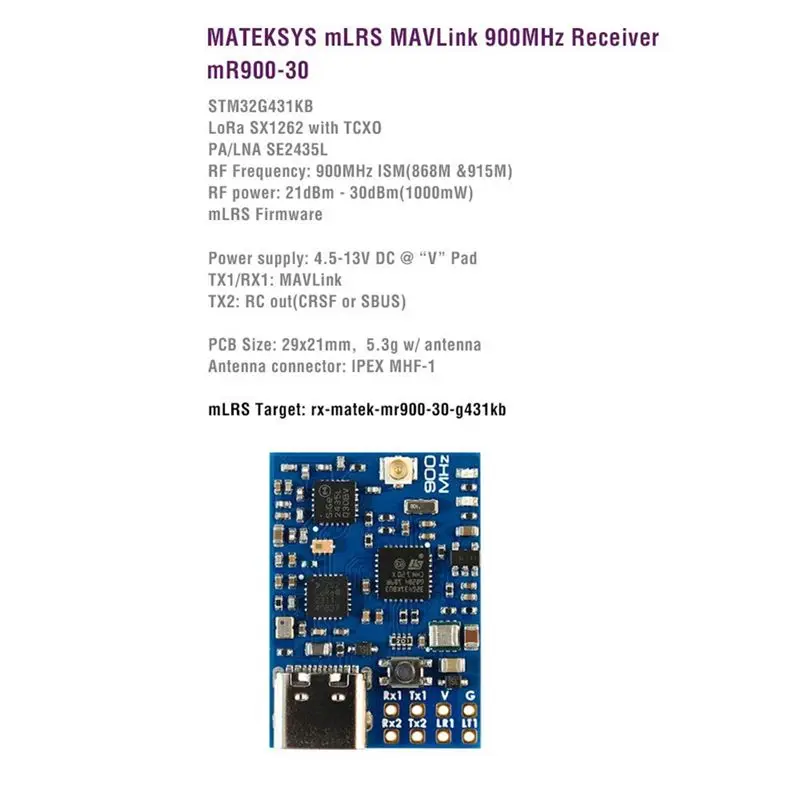 A97I-Mavlink 900Mhz 수신기 MR900-30 모듈 21Dbm-30Dbm RF 전력, 장거리 FPV RC 모델용 TCXO 포함