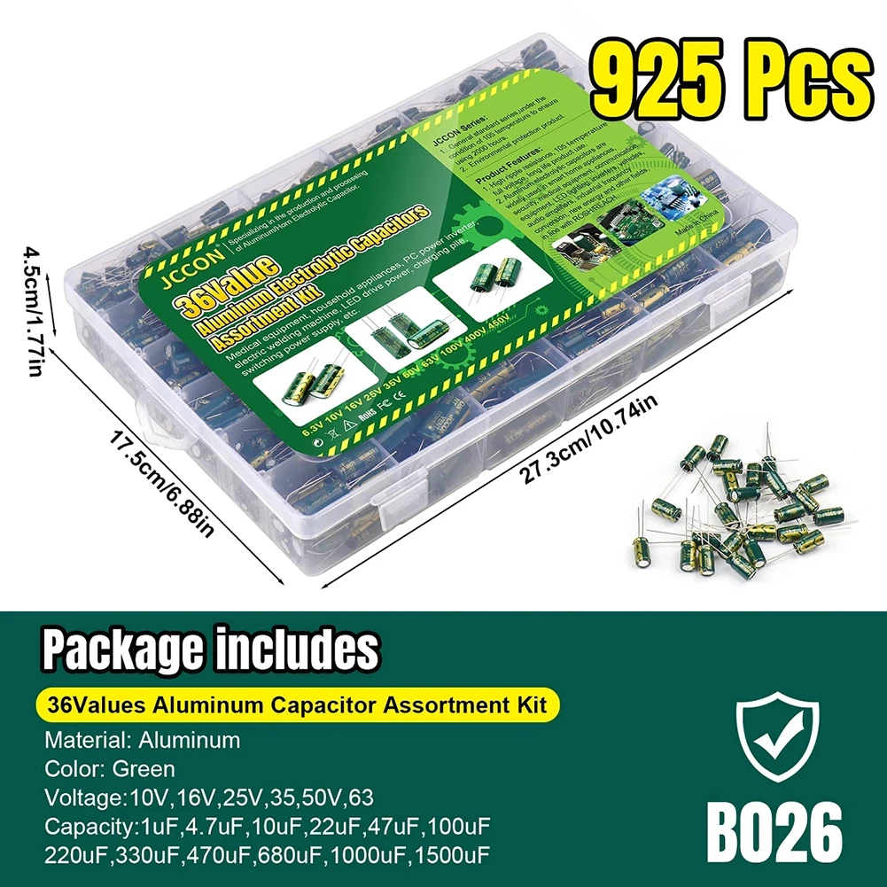 15/24/36 Values 225/460/925Pcs Aluminum Electrolytic Capacitors with Storage Box Aluminum Electrolytic Capacitors Assortment Kit