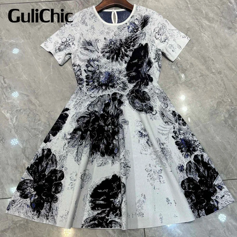 

1.4 GuliChic Fashion Floral Print Mini Dress Women 2024 Spring Summer High Quality O-Neck Short Sleeve Elegant Knit Dresses Lady
