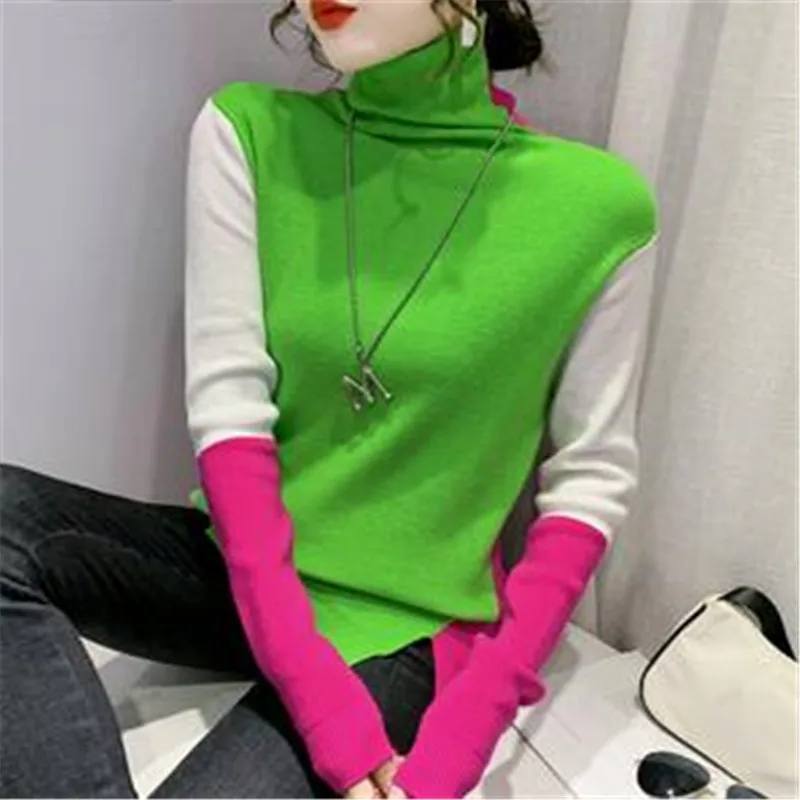 

Sweater New In Autumn Winter Clothes Women Long Sleeve Top Turtleneck Korean Fashion Patchwork Elegance Loose Casual Sweaters