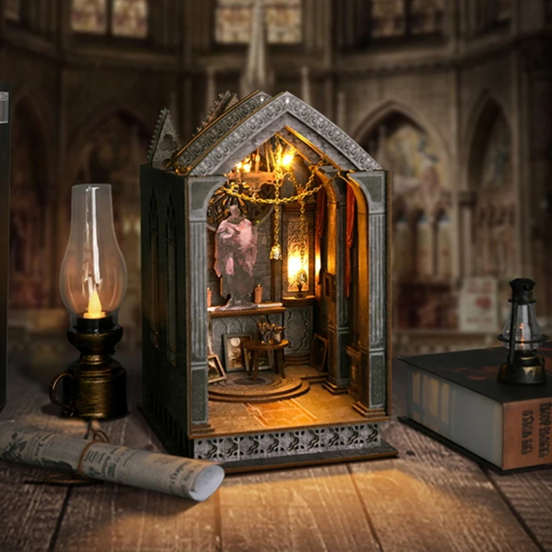 DIY Book Nook Wooden Miniature Model Kit Gothic Church Architecture Bookend Assembled 3D Puzzle Bookshelf Home Decor Adult Gifts 4