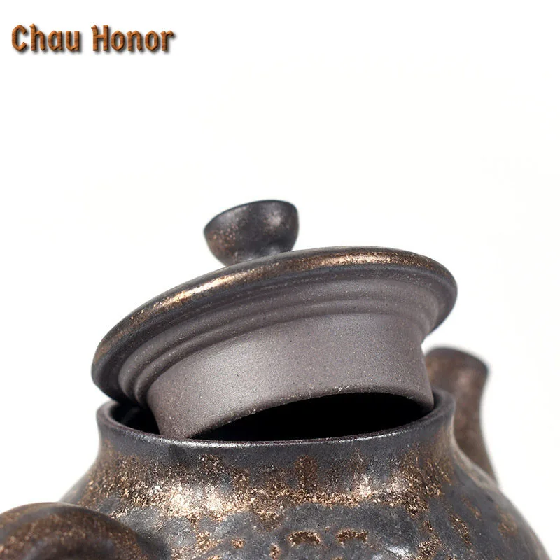 240ml Retro Sprinkle Gold Glaze Ceramic Teapot Handmade Kiln Fambe Hammer Eye Grain Master Cups Puer Personal Pot Gift Packaging