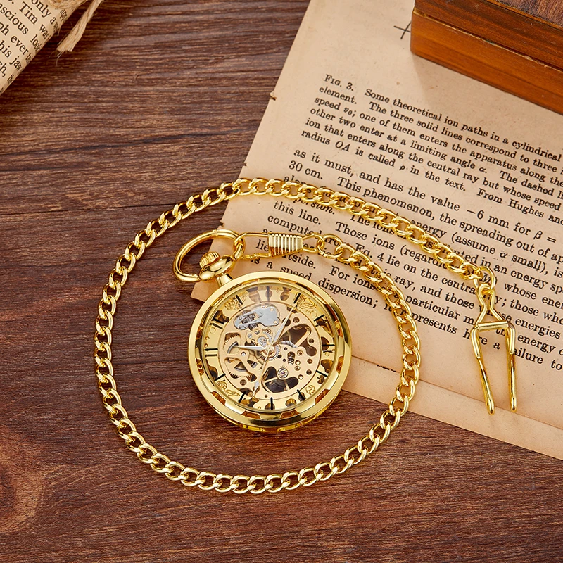 Roman Numeral Mechanical Pocket Watch Luxury Hollow Steampunk Gold Golden Skeleton Fob Chain Clock for Men Women Collection Gift