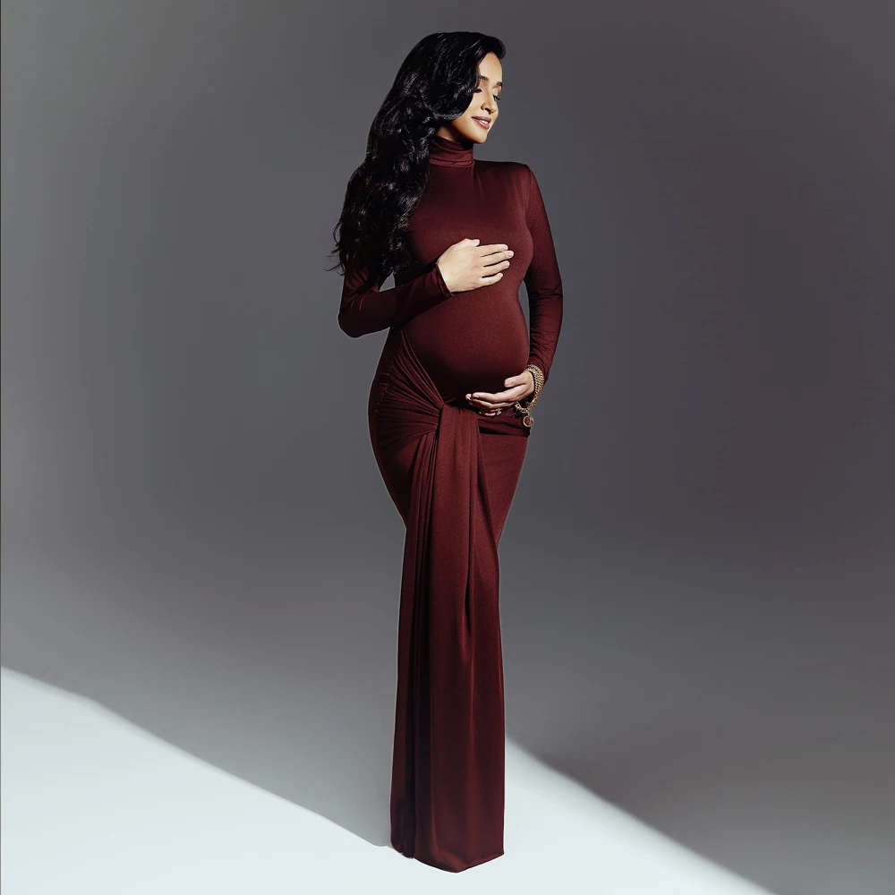 فساتين الأمومة للتصوير الفوتوغرافي برقبة عالية وأكمام طويلة وحزام مرقع عصري عالي المرونة بقصة ضيقة للنساء الحوامل