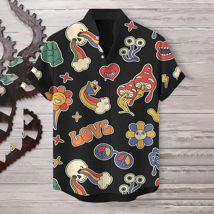 디지털 프린트 루즈한 스탠드 칼라 가디건 남성용 셔츠, 스트리트 캐주얼 편안한 스탠드 칼라 남성용 셔츠, 라지 사이즈