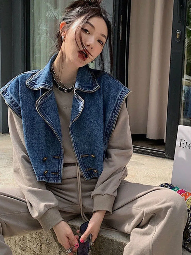 

Куртка женская джинсовая на молнии, короткий Свободный жилет без рукавов, верхняя одежда, летние куртки