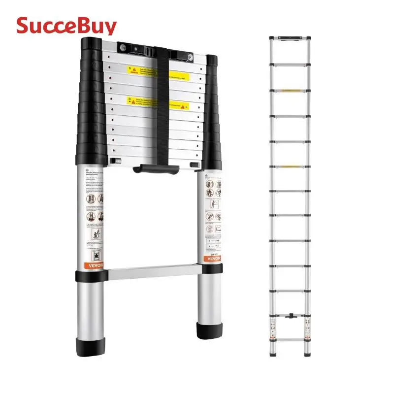 Work Ladder Platform Telescoping Ladder 12.5 FT Aluminum One-Button Retraction Collapsible Extension 375 LBS Capacity Non-Slip for Home RV
