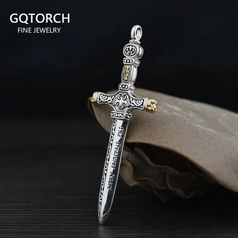 

S925 Sterling Silver Vintage Silver Pendant for Men Punk Rock Style Pattern Sword Shape Retro Silver Pendant Male Jewelry