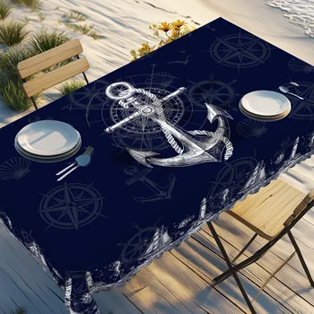 Tovaglia a tema nautico da 1 pezzo, ancoraggio blu navy costiero, faro, disegni di bussole per l'arredamento primaverile ed estivo