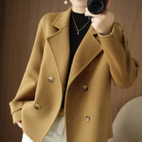 Women's Short Loose Woolen Coat Autumn Winter Small Size Fashionable Tuxedo Collar Outerwear Polyester Fiber Pure Color