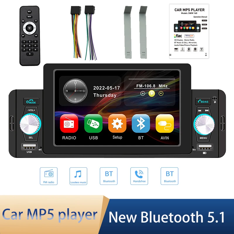 1Din CarPlay&Auto 5inch MP5 Car Radio Multimedia Video Player Bluetooth MirrorLink FM Stereo for Toyota Volkswagen Nissan Radio