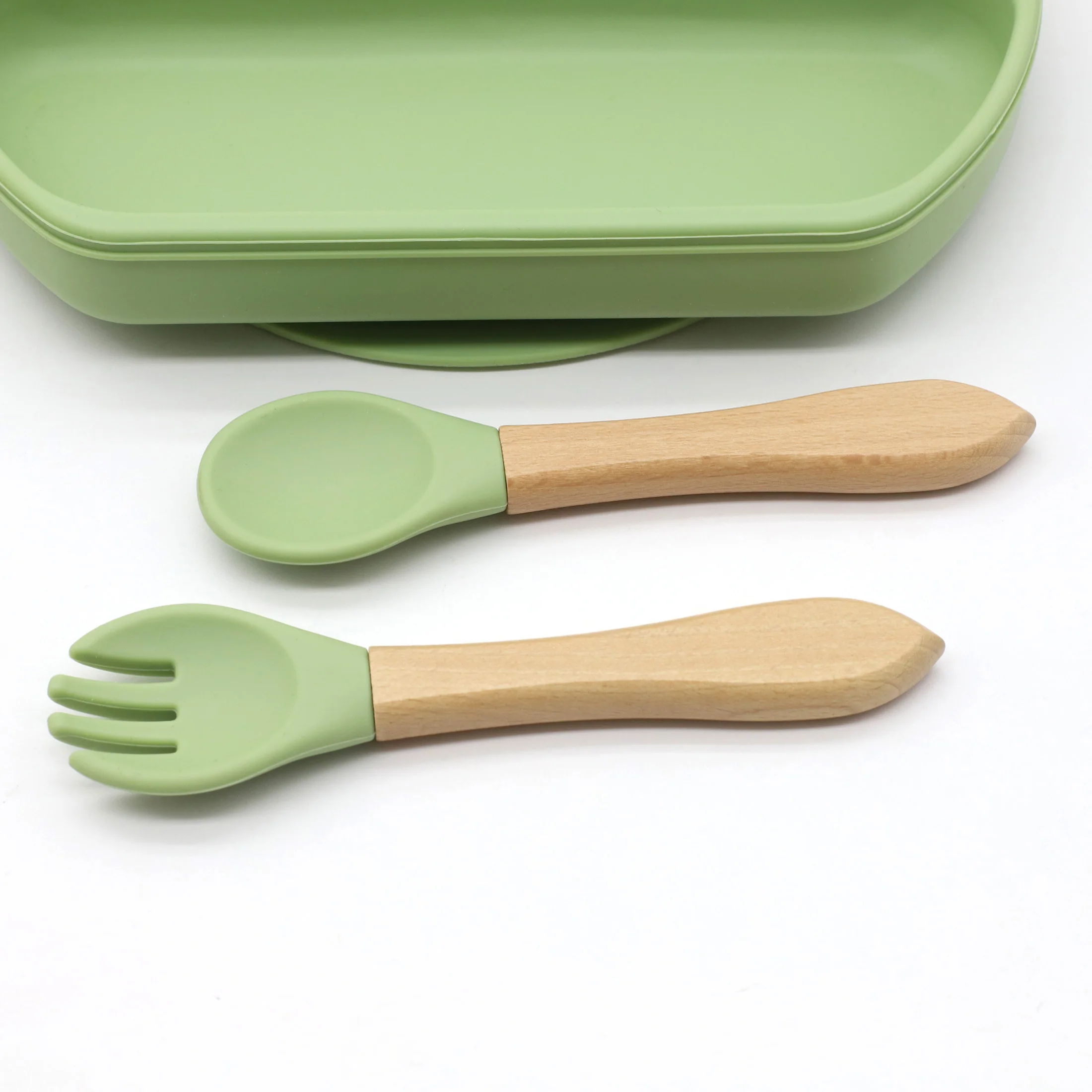 Hot selling food grade silicone wooden handle spoon and fork set for complementary food feeding training spoon and fork 6