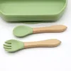 Hot selling food grade silicone wooden handle spoon and fork set for complementary food feeding training spoon and fork 6
