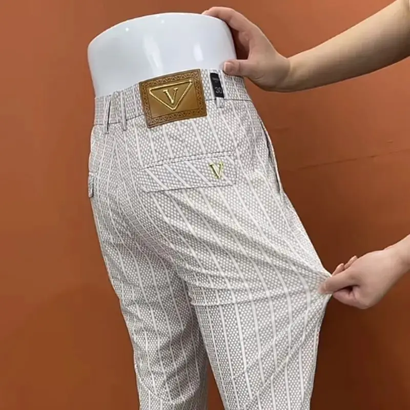 

Ice Stripe Business Casual Men's 2024 Summer Patchwork Button Zipper Pocket Fashion Comfortable All-match Straight Leg Pants