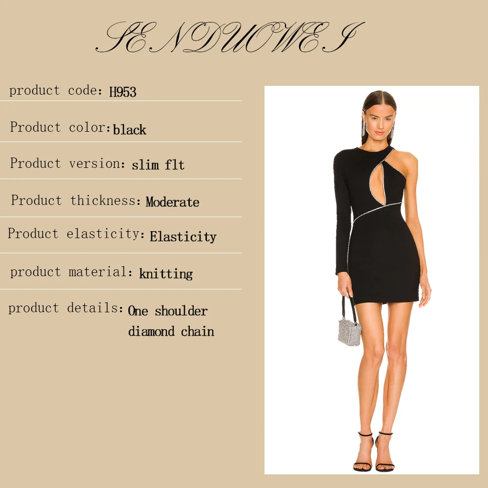 Women's New Black Round Neck One Shoulder Sleeves Decorated Diamond Chain Sexy Dress Women's Tight Party Evening Elegant Dress